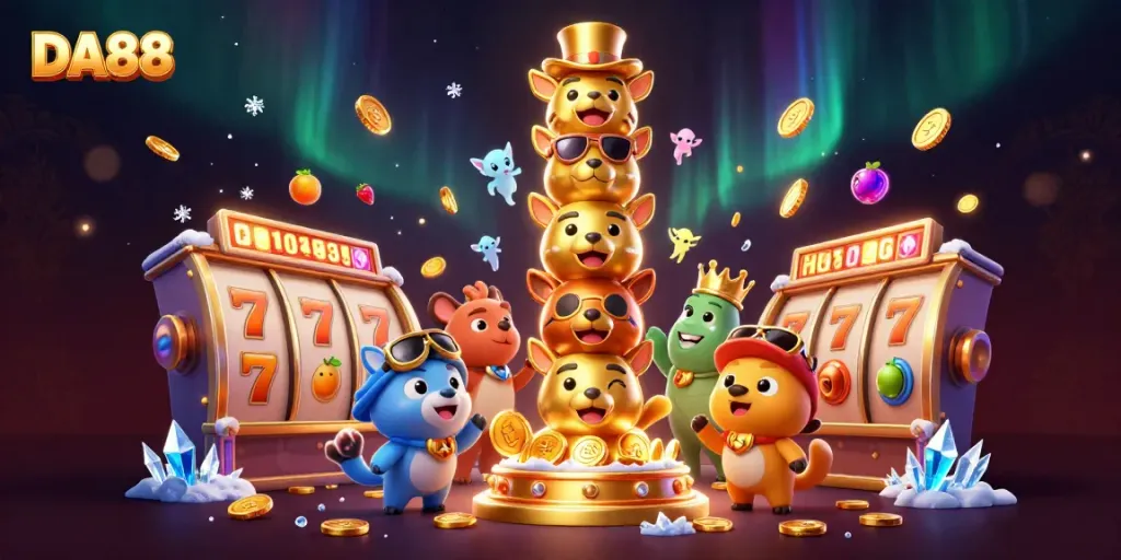 Experience thrilling casino action in a vibrant DA88 scene with dynamic slot reels and golden coins.