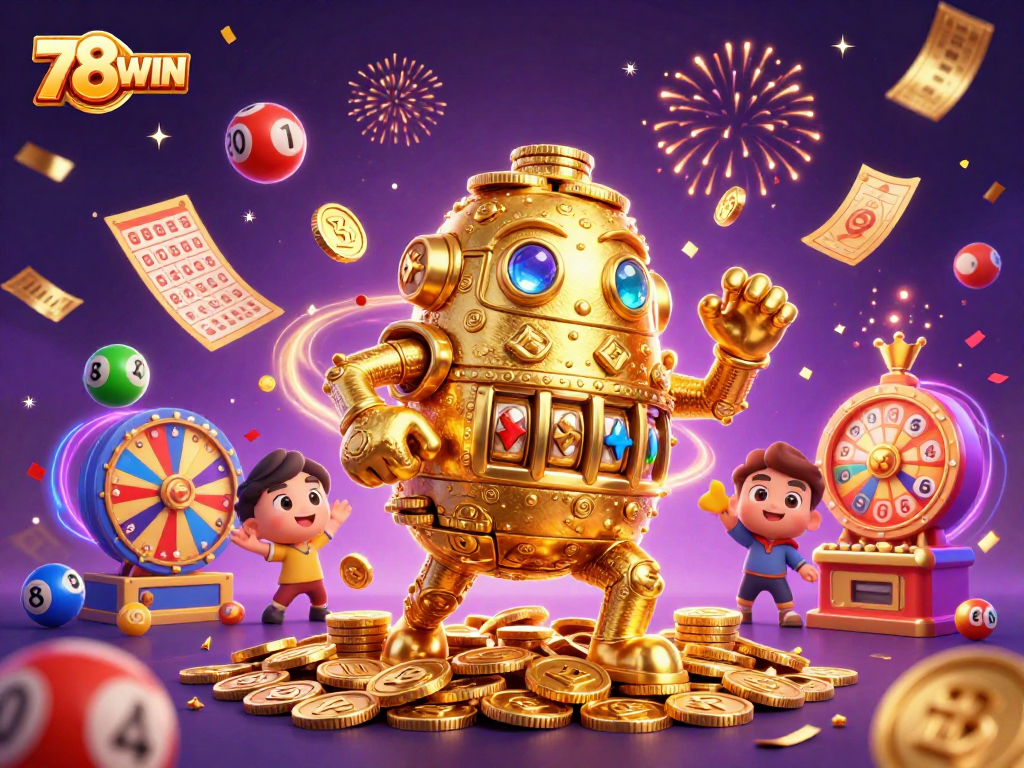 Experience the excitement of 78WIN with a vibrant 3D illustration of a golden golem surrounded by dynamic gaming elements.