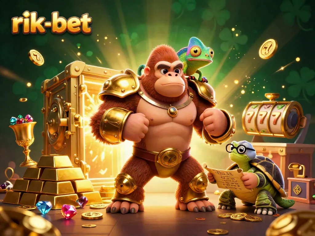 Experience rik-bet's thrilling adventure with a gorilla king, chameleon spy, and treasures at a vibrant casino scene.