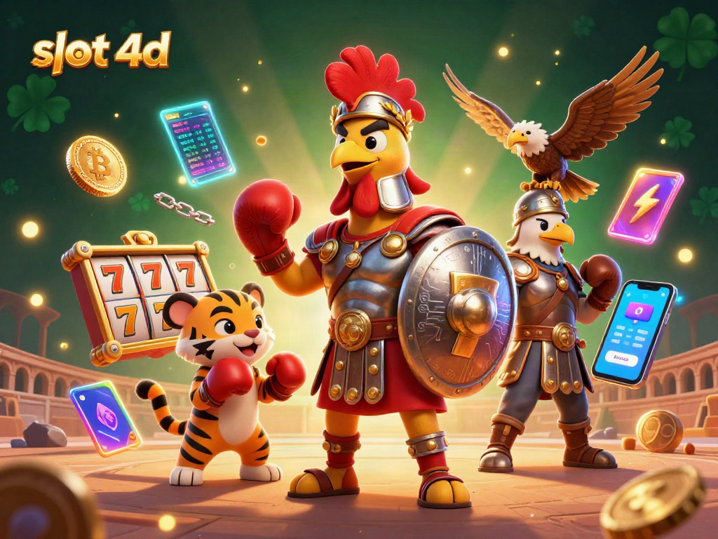 Rasakan keseruan slot 4D dengan ilustrasi kartun 3D ayam jantan sebagai petarung di arena.