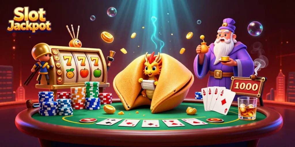 Engage in the Slot Jackpot adventure with a golden fortune cookie, wise dragon, and vibrant gaming elements.
