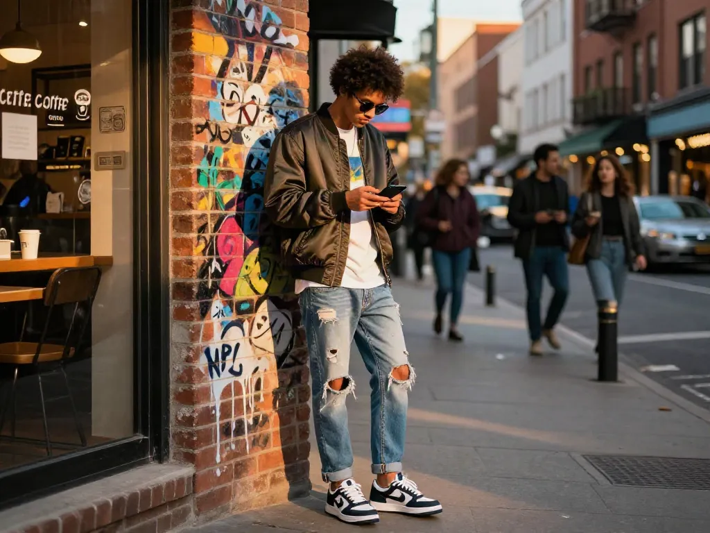 Stylish urban lifestyle scene featuring peh888 in trendy street fashion, using a smartphone against a vibrant graffiti wall.