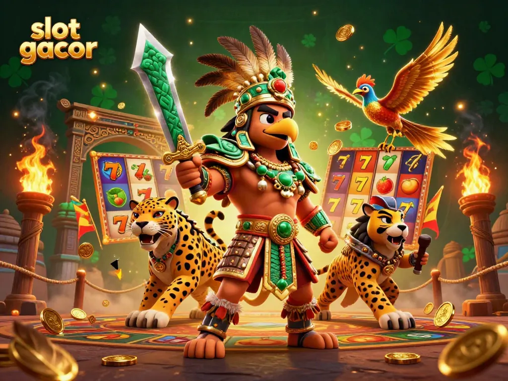 Engage with slot gacor through vibrant Aztec-inspired warriors surrounded by golden betting symbols.