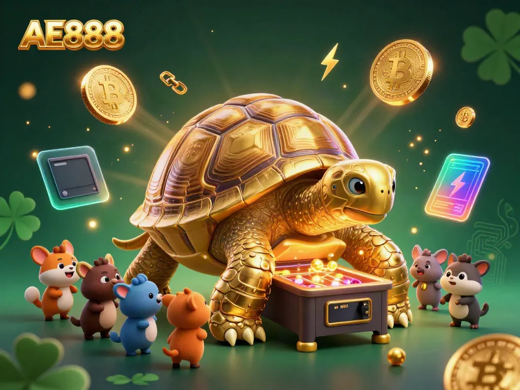 Engage in thrilling gameplay with AE888's interactive pinball tortoise surrounded by crypto elements.