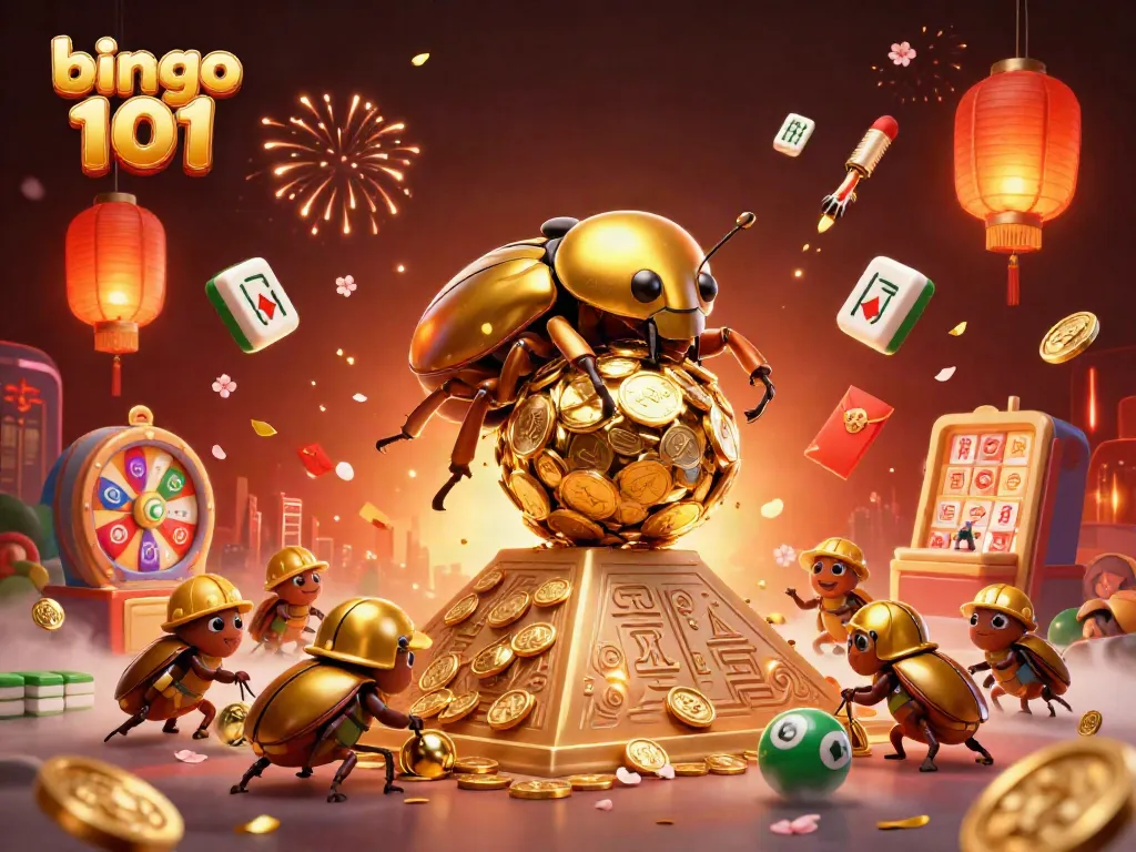Memenangkan bingo 101 dengan ilustrasi 3D kartun bola angka, kartu bingo, dan simbol kasino.