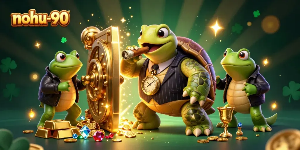 Engage with the vibrant world of nohu-90 as a snapping turtle and bullfrogs celebrate jackpot wins in a dynamic casino scene.