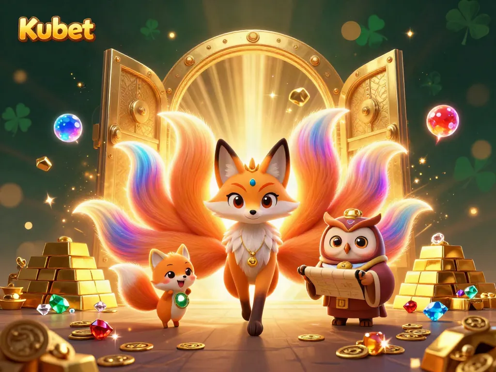 Kubet gaming illustration showcasing a magical nine-tailed fox and wise owl amid treasures and vibrant spirit orbs.