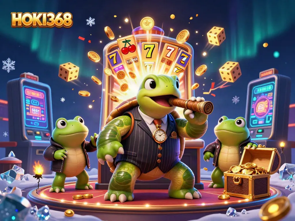 Join the thrill at HOKI368 with a vibrant casino scene showcasing playful characters and exciting game symbols.