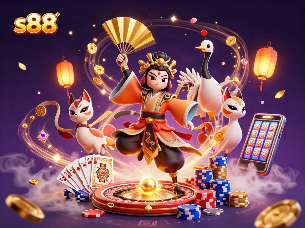 s88 interactive casino illustration featuring kabuki warrior, kitsune mask, and rewards.