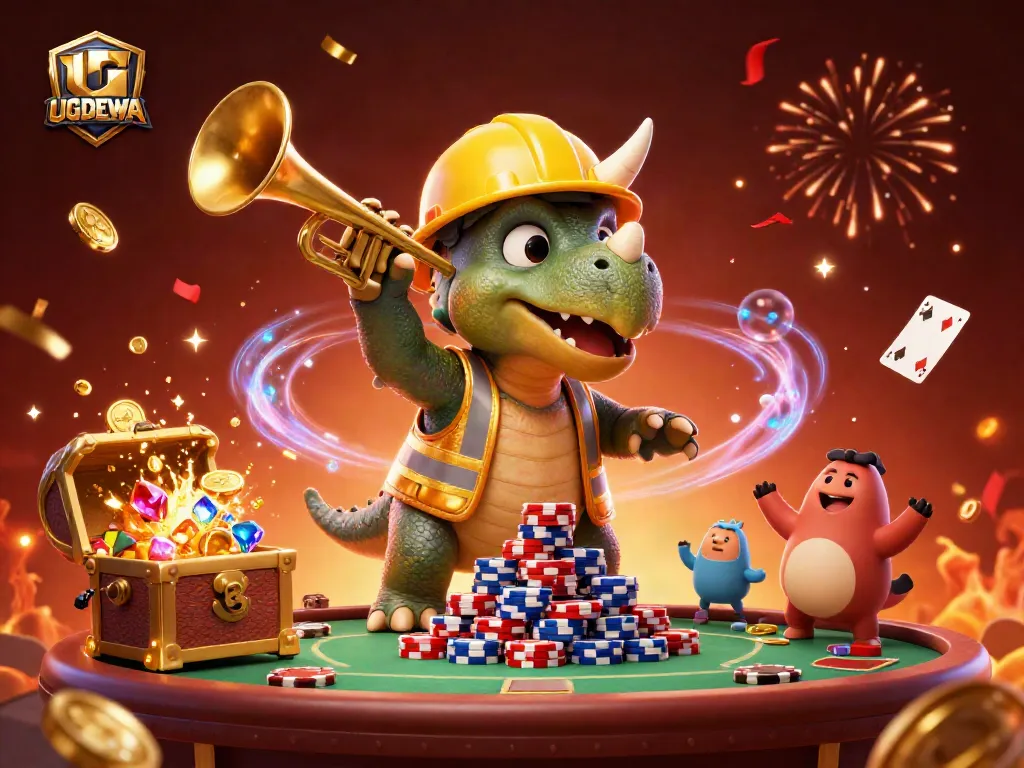 UGDEWA showcases a vibrant 3D scene with a triceratops and poker elements celebrating online gaming.