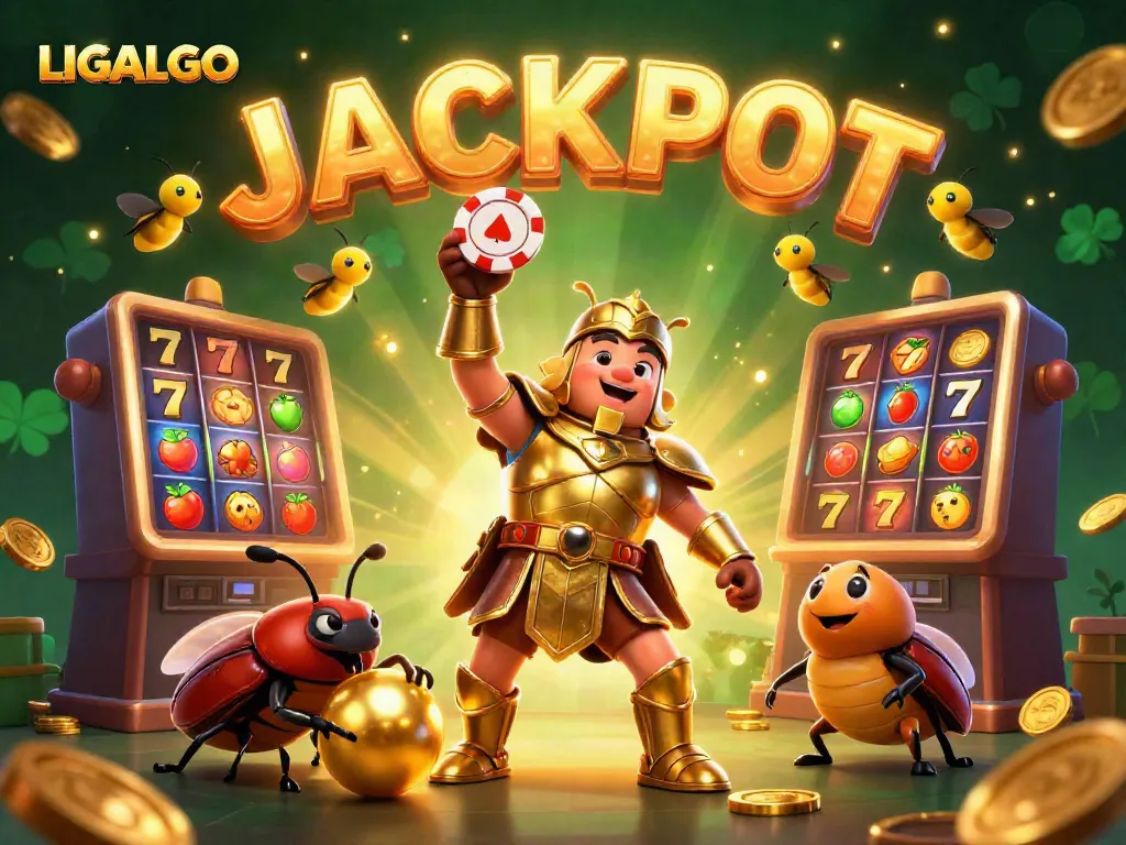 LIGALGO champions celebrate a jackpot victory with a dynamic casino-themed illustration showcasing colorful slot reels.