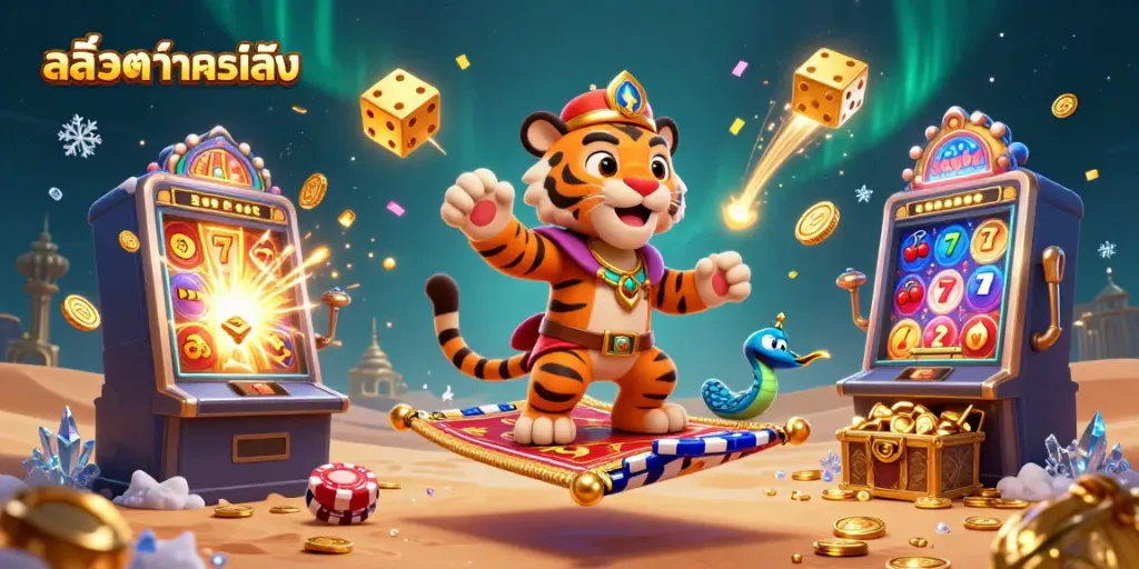 เล่นสล็อตทดลองเล่นในภาพ 3D การ์ตูนมีเสือซุลต่านและเครื่องสล็อต