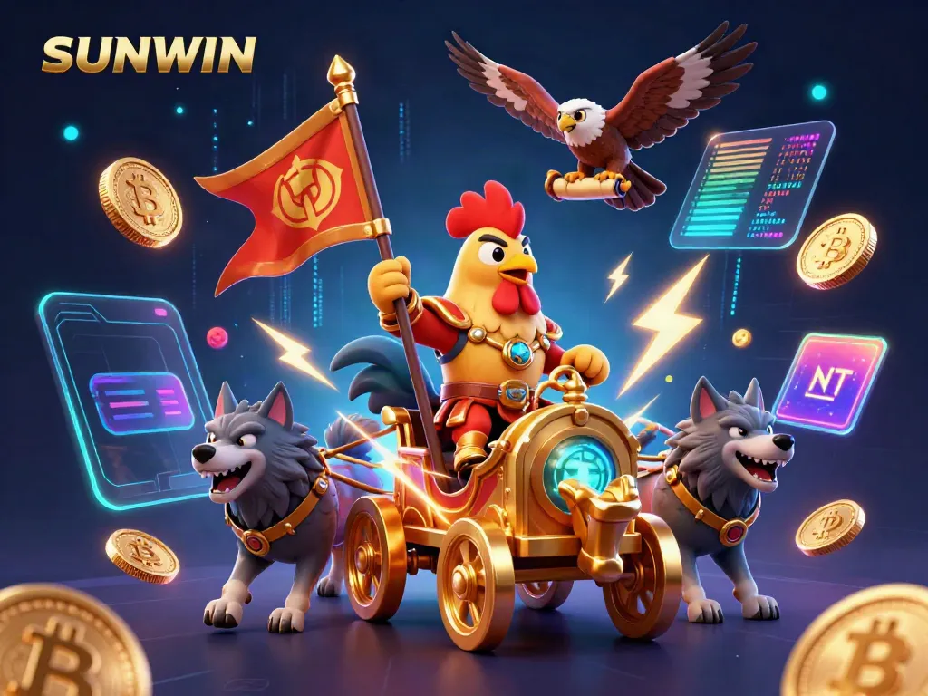 SUNWIN presents a vibrant 3D gaming scene with a rooster warlord leading a golden chariot amidst crypto elements.