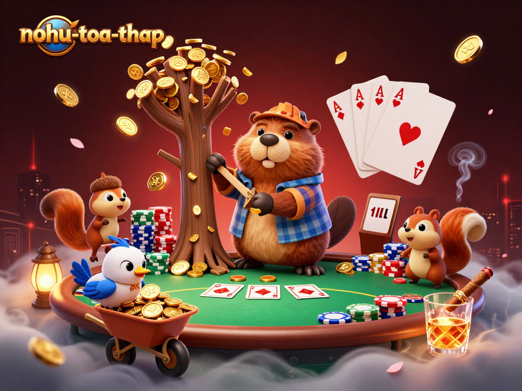 Experience thrilling gameplay in nohu-toa-thap with cartoon characters winning gold coins in a vibrant casino scene.