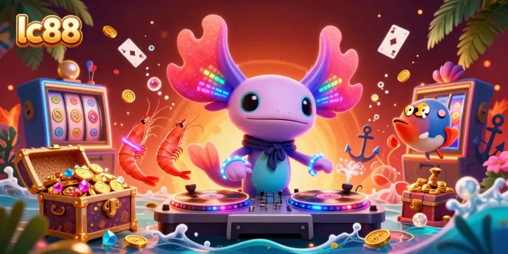 Engage with lc88's vibrant underwater casino world featuring a lively axolotl DJ.