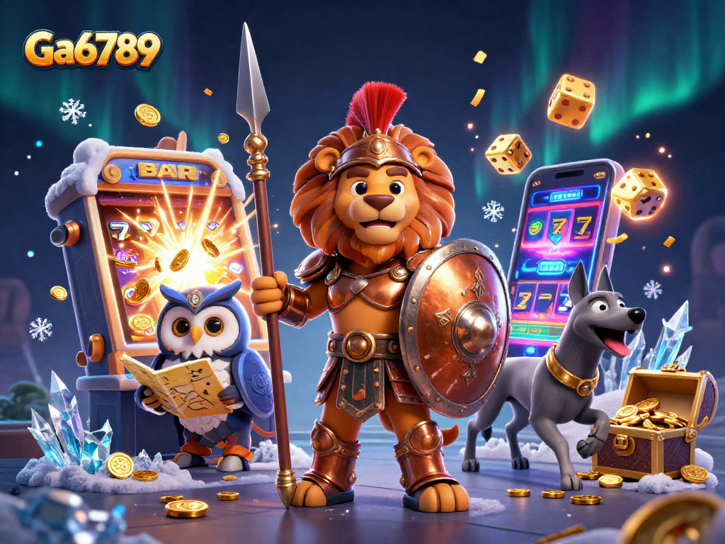Ga6789 ignites excitement with a dynamic jackpot scene featuring lively casino symbols and characters.