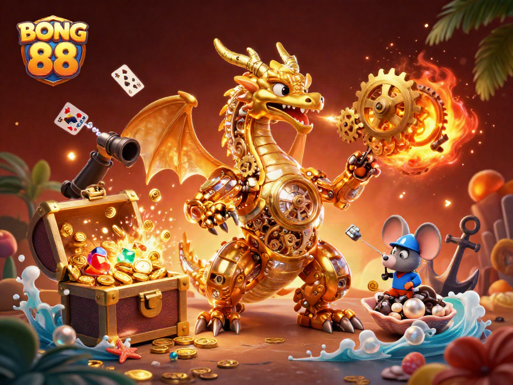 Experience BONG 88's thrilling adventure with a dragon and golden treasures in a vibrant casino scene.
