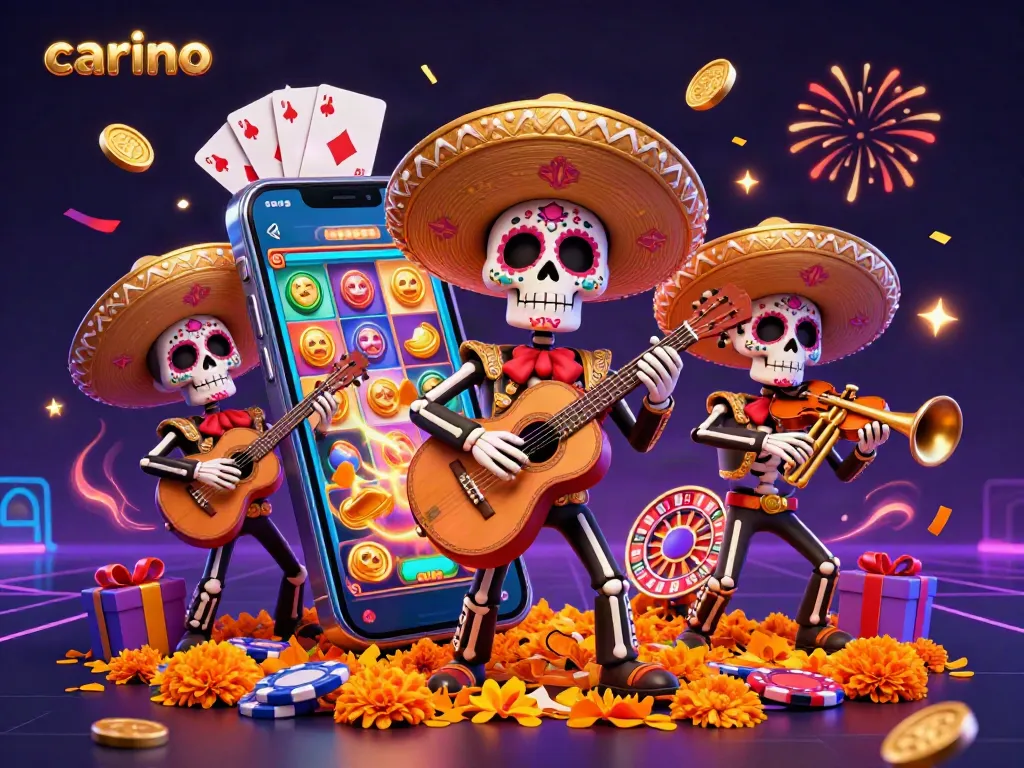 Experience the excitement of carino's vibrant casino scene with a mariachi band surrounded by slot games and winning symbols.