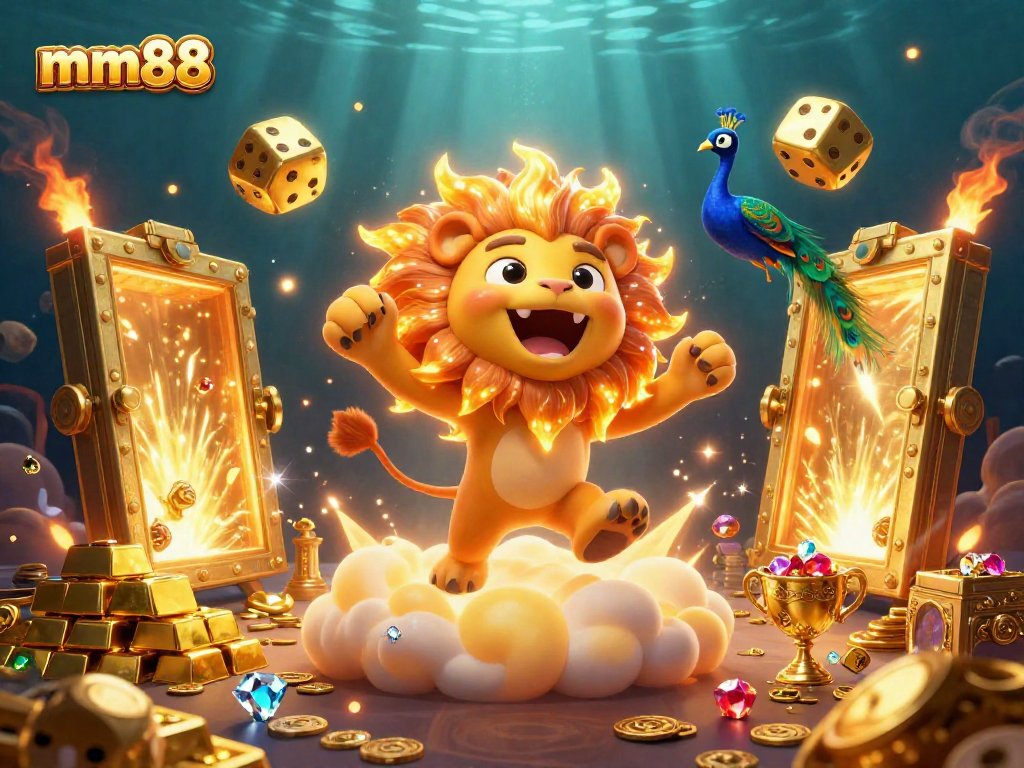 Engage in mm88 casino thrills with vibrant 3D elements of golden dice and treasure.