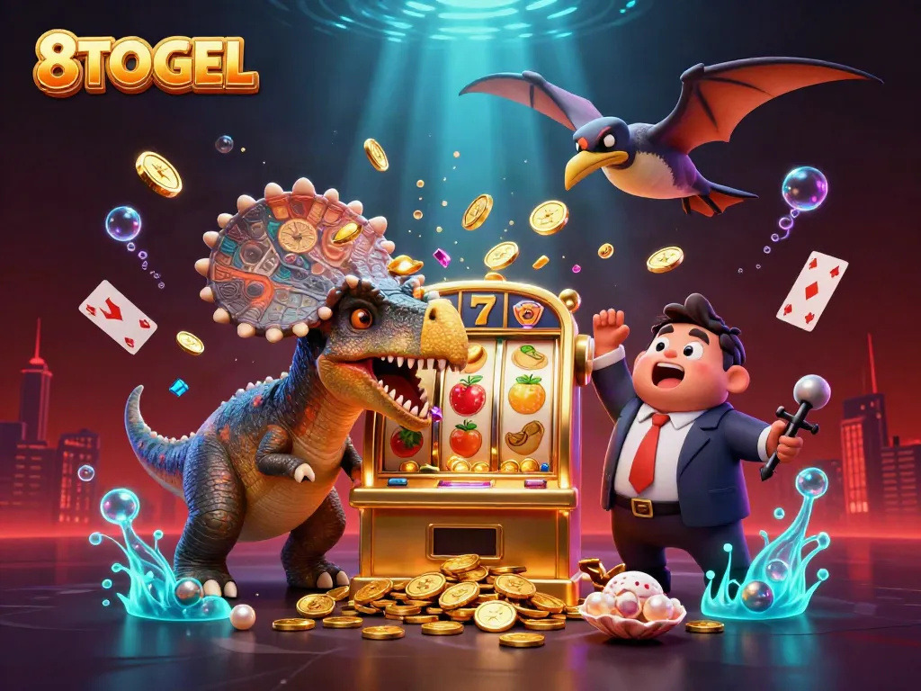 Slot mesin emas mengeluarkan koin jackpot di 8TOGEL, dikelilingi ikon judi menakjubkan.