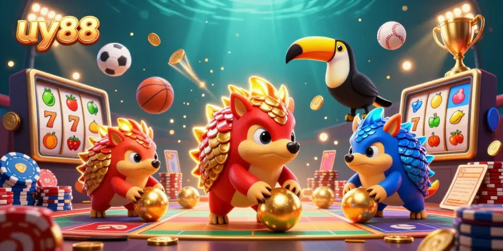 uy88 showcases rival pangolins competing in a vibrant casino slot game environment