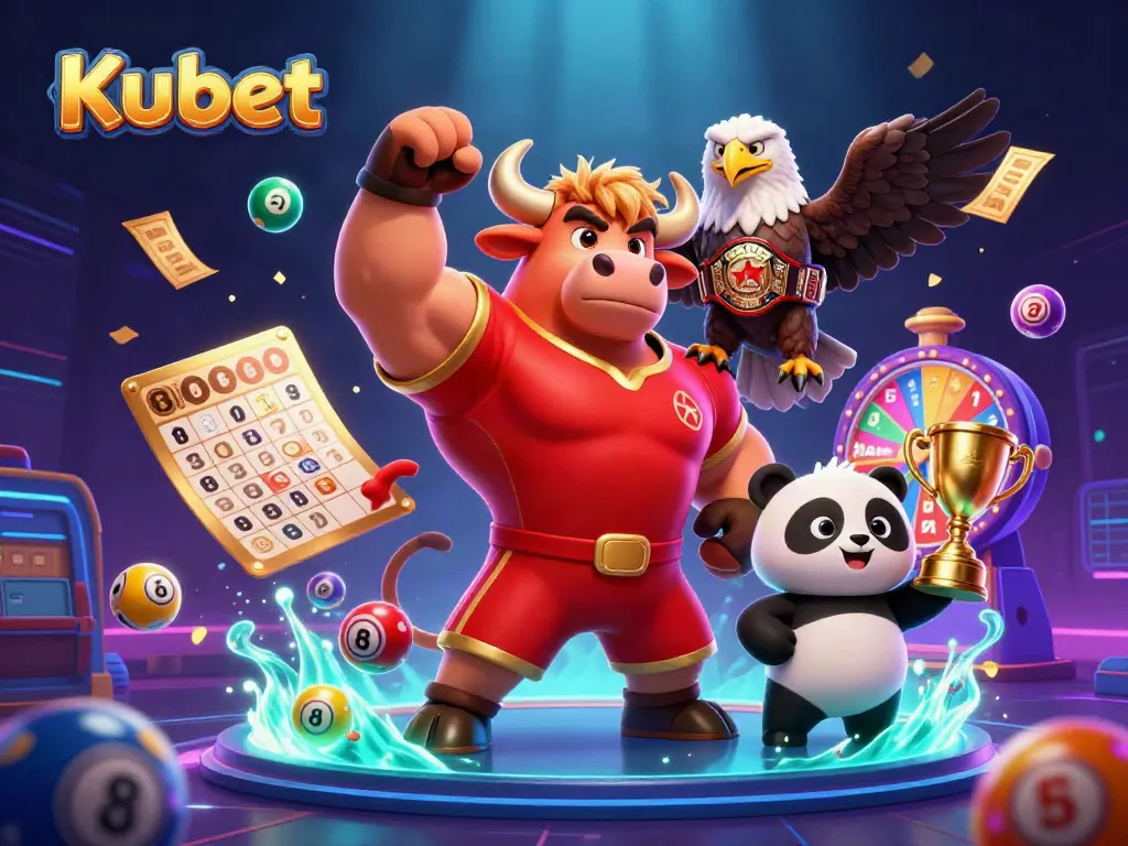 Experience thrilling wins with Kubet's dynamic gaming environment, featuring colorful lottery elements and mascots.