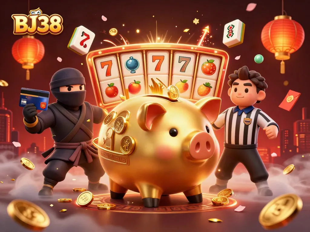 Engage with BJ38’s thrilling gaming adventures in a vibrant, fun-filled casino scene.
