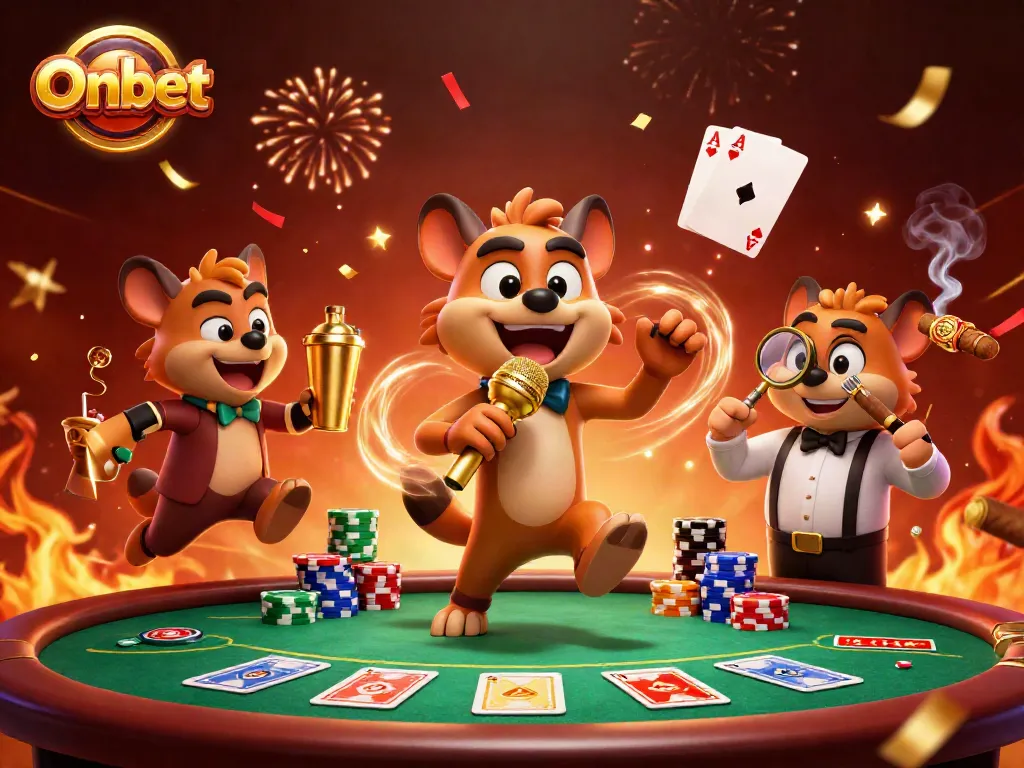 Onbet features hyenas in a lively casino scene, blending comedy and gaming elements.