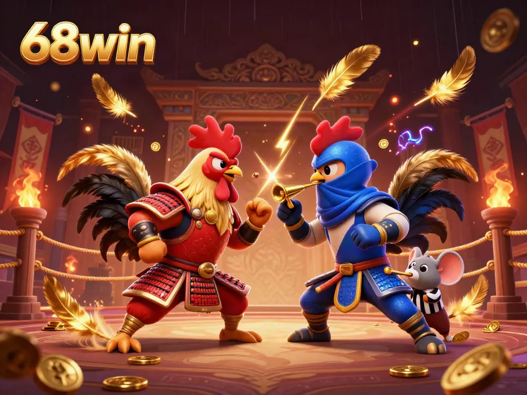 Experience the thrill of competition with 68win's vibrant online arena featuring cartoon roosters in an intense duel.