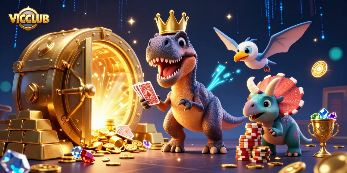 VICCLUB features a playful T-Rex shuffling cards with colorful casino elements, creating an engaging scene.