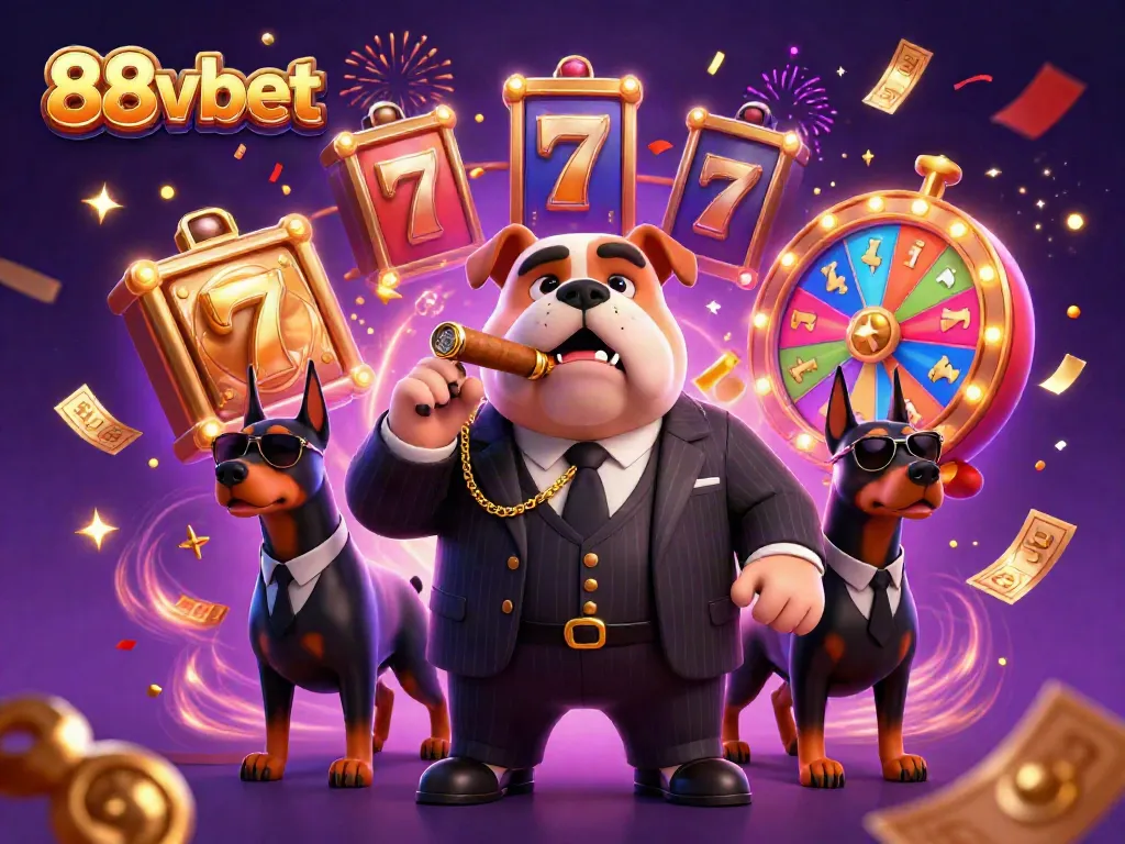 Win big at 88vbet with a fun 3D illustration featuring a mafia bulldog and Doberman bodyguards.