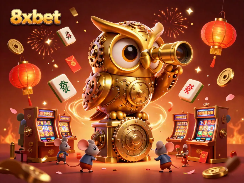 Discover the excitement of 8xbet casino gaming with animated characters enjoying slot machines and festive elements.