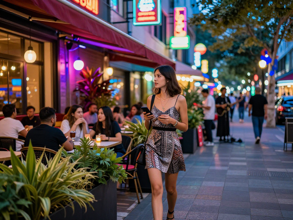 Gái gọi trong không gian đường phố sôi động về đêm, thể hiện phong cách và sức hút.