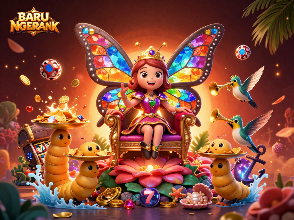 BARU NGERANK brings excitement to players with dynamic, 3D casino illustration featuring a butterfly queen amidst slots and treasures.