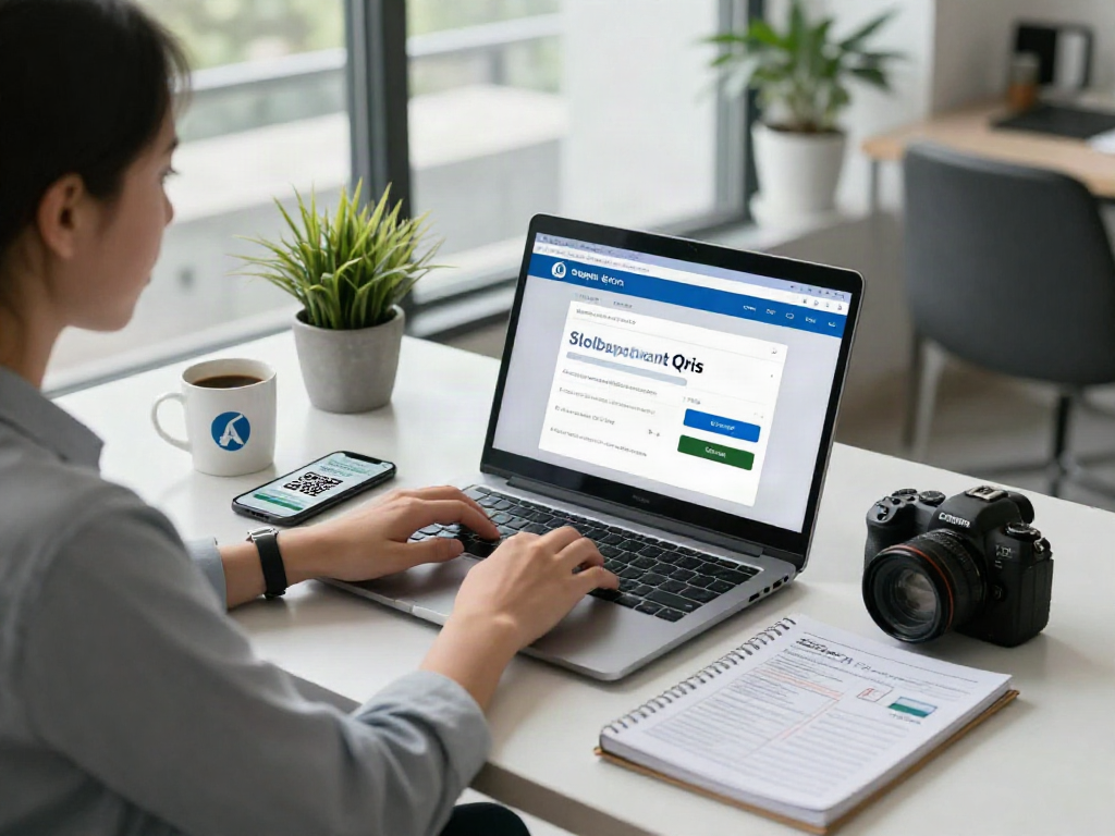 Slot deposit qris interface on a laptop in a modern finance workspace with coffee and notes.