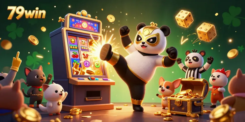 Experience the thrill of 79win's online casino with an exciting scene of animated characters and jackpots bursting with excitement.