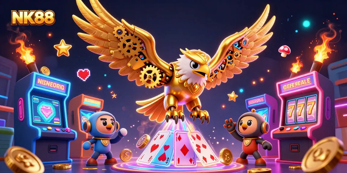 Engage with NK88's vibrant casino adventure featuring a golden eagle amidst colorful game elements.
