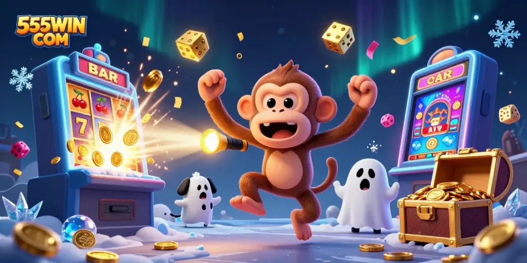 Experience exciting gameplay at 555WIN COM with a lively scene full of slots, coins, and a ghost-hunting adventure.