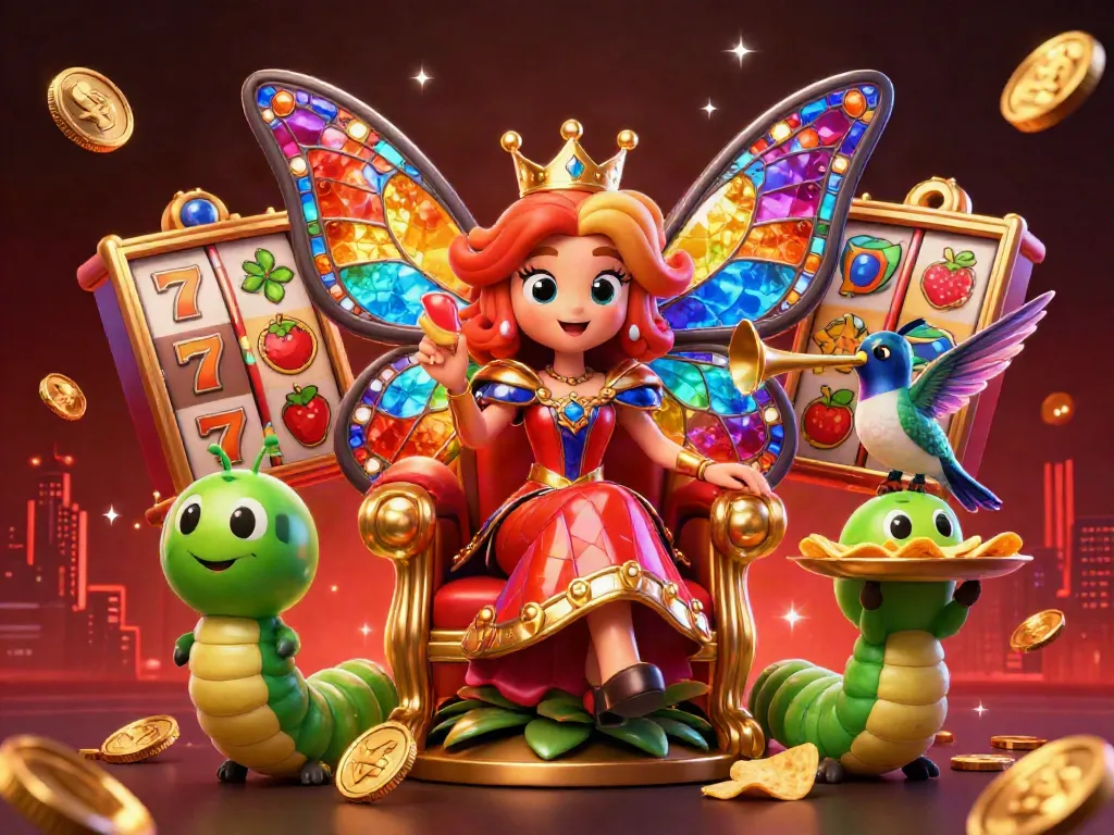 Experience the excitement of vibrant slot games with a butterfly queen in a dazzling illustration.