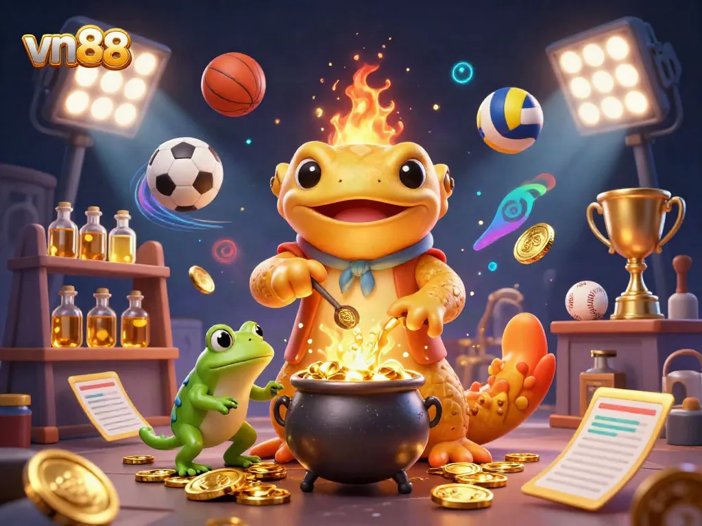 Experience the magic of vn88 with an alchemist and diverse sports betting elements in a vibrant 3D illustration.