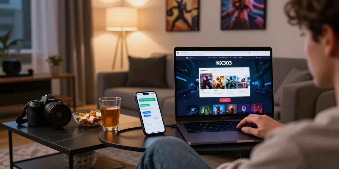 nx303 login on a laptop with a user in a cozy gaming setup