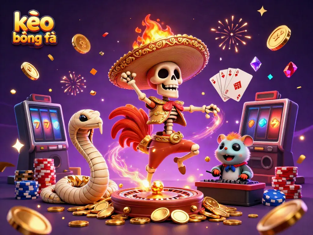 Engage in thrilling kèo bóng đá with lively characters and dynamic casino elements in this vibrant illustration.