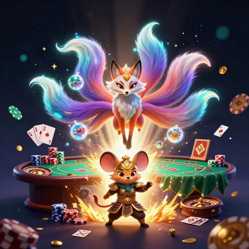 Neon fox spirit and samurai mouse amid casino cards, chips, roulette wheel, and golden light.