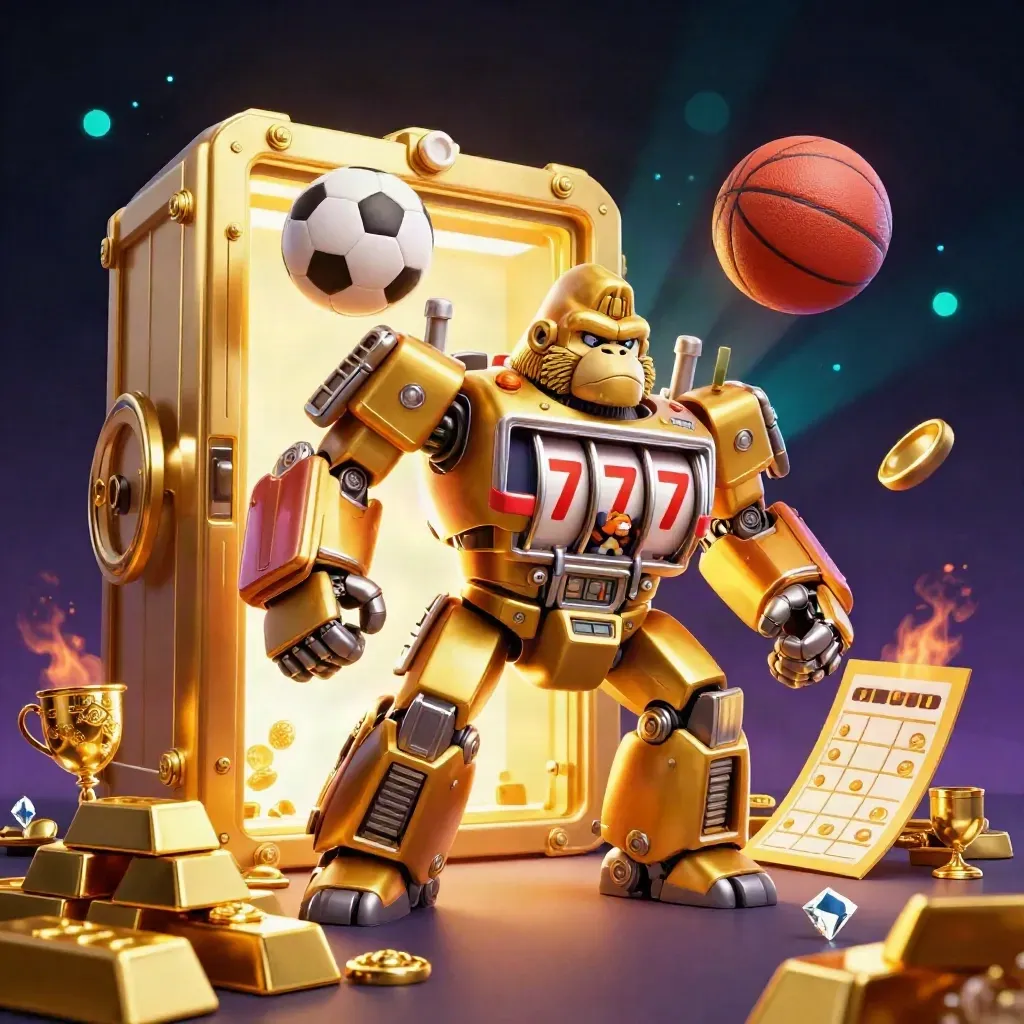 Golden slot-mech gorilla with a tiny monkey pilot, sports balls, vault gold, and neon casino glow.