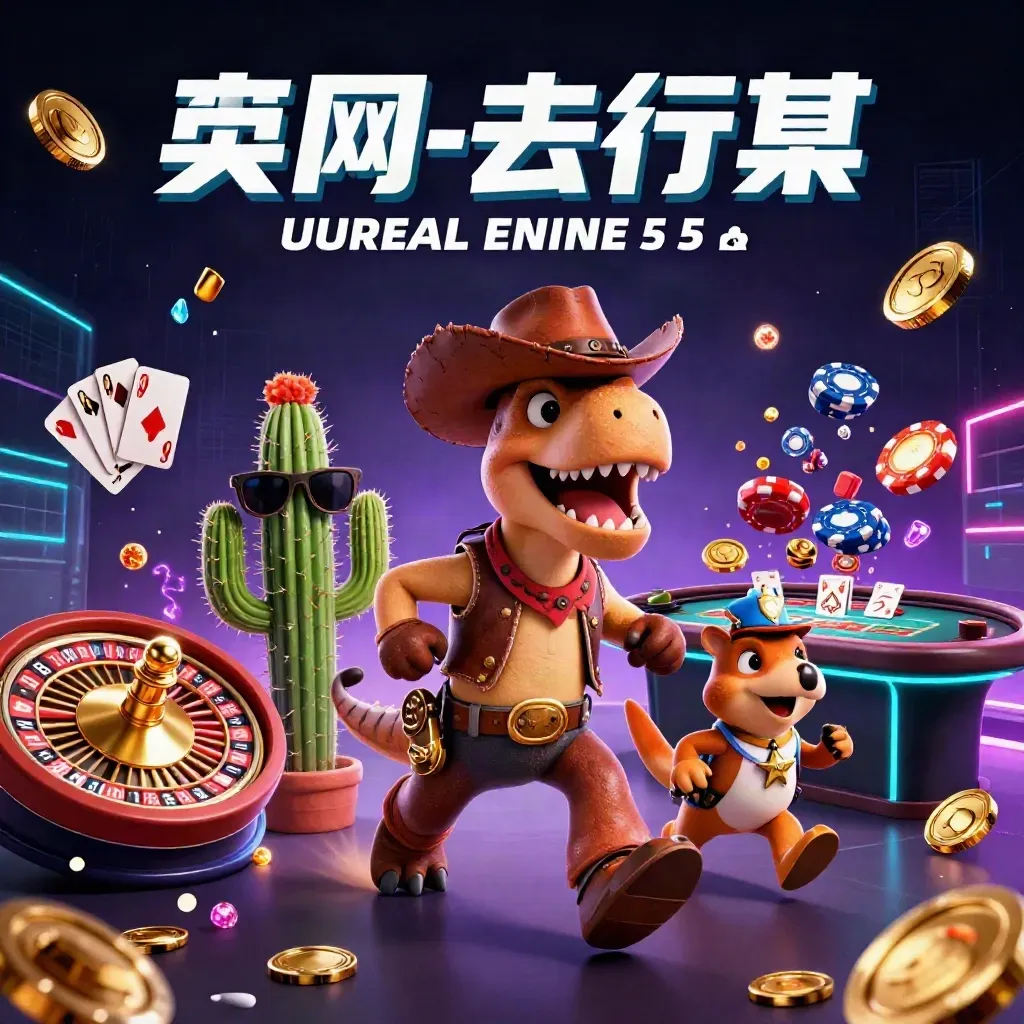 Cowboy T-Rex, cactus and roadrunner burst through casino treasures in neon fantasy light.