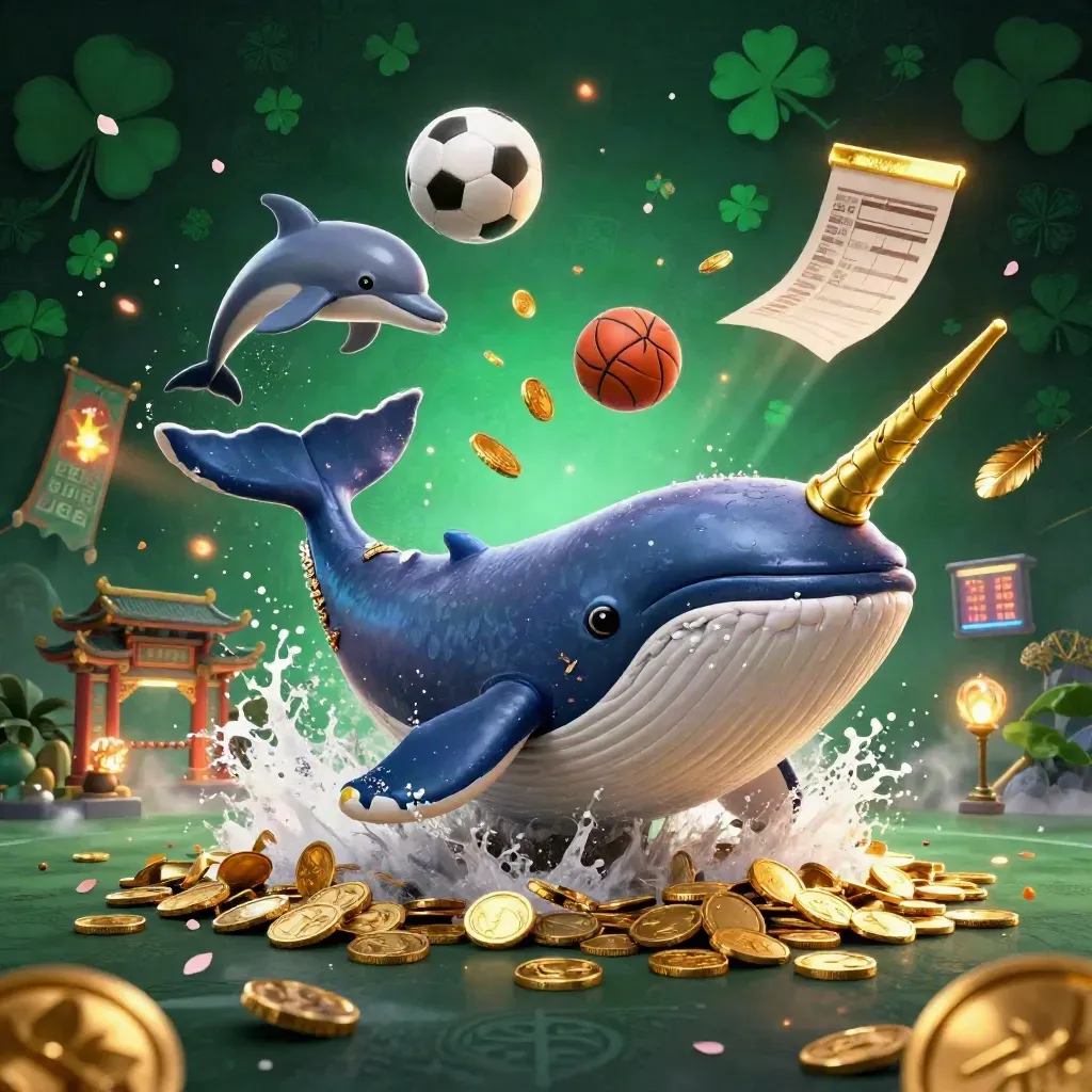Fantasy whale captain, narwhal, and dolphins amid coins, balls, temple gate, and casino glow.