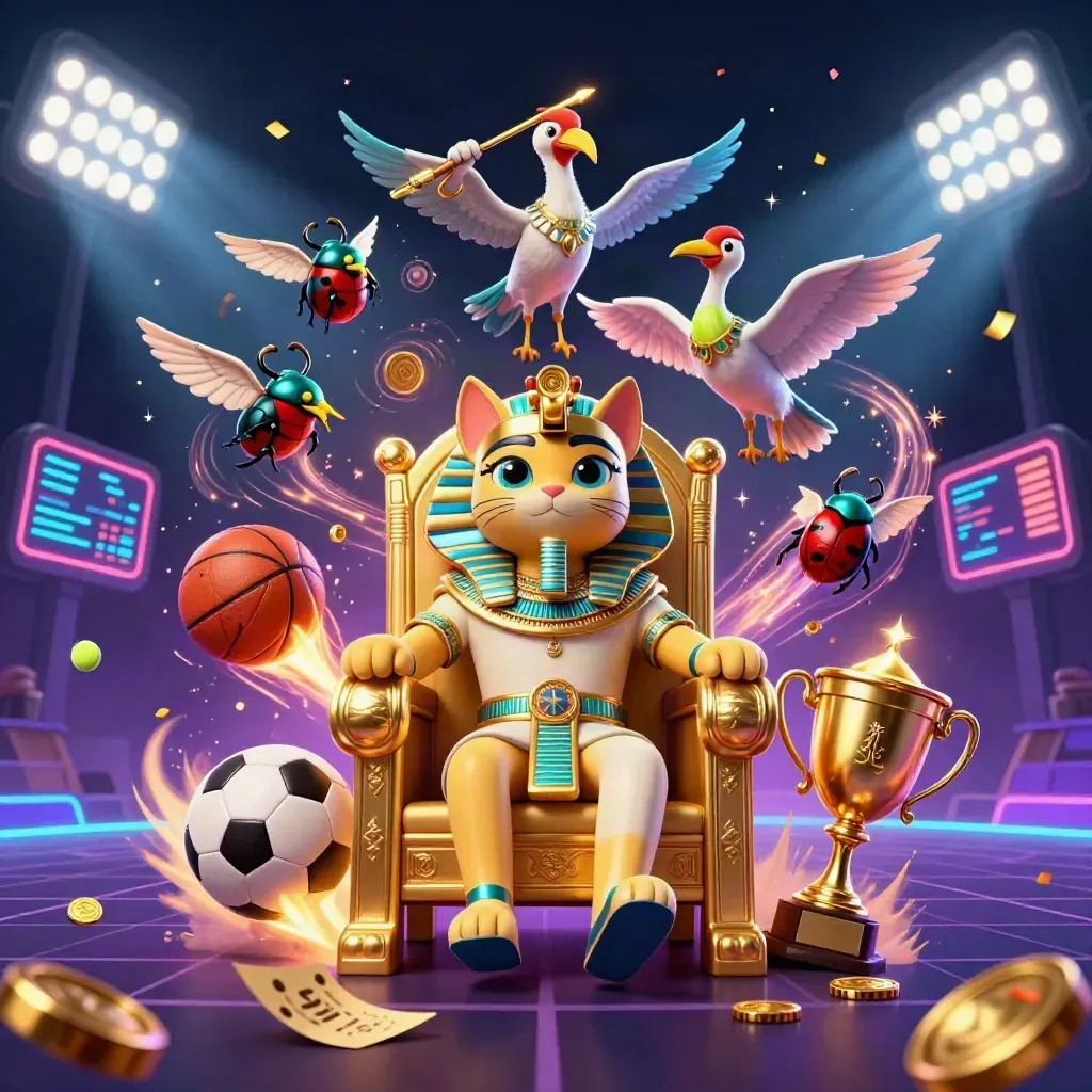 Pharaoh cat, ibis scribe and scarabs amid flying balls, coins and fireworks on a neon casino stage.