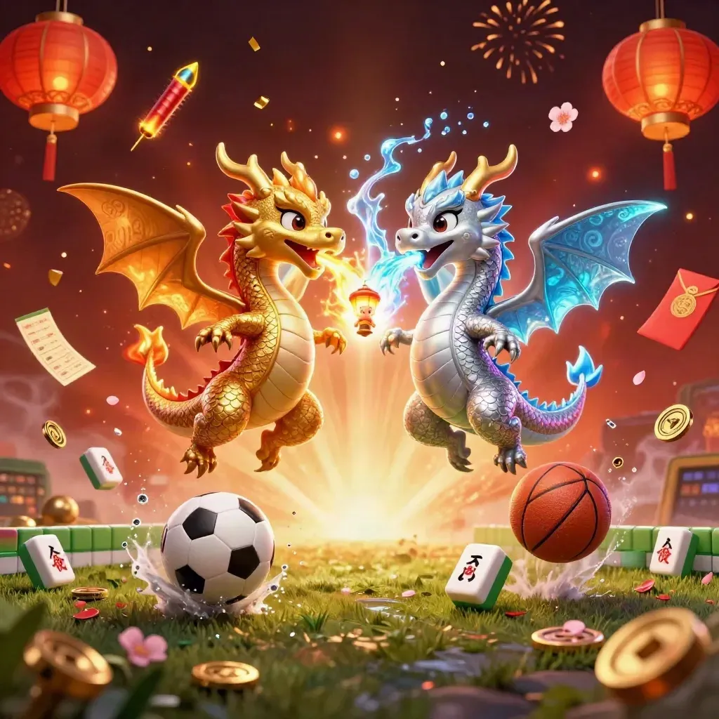 Gold and silver dragons form a fire-and-ice yin-yang with sports icons and casino relics.