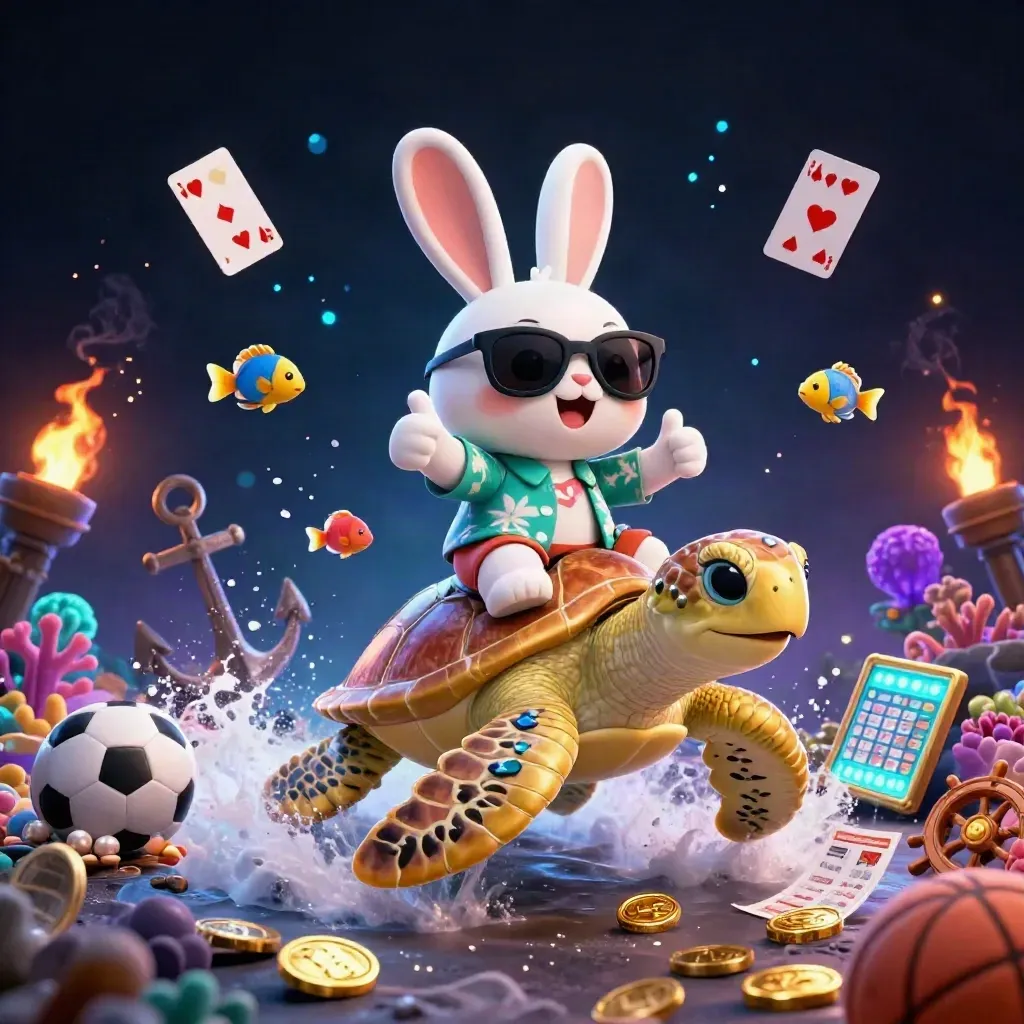Rabbit rides a golden turtle through a glowing treasure cove with cards, coins, and sports gear.