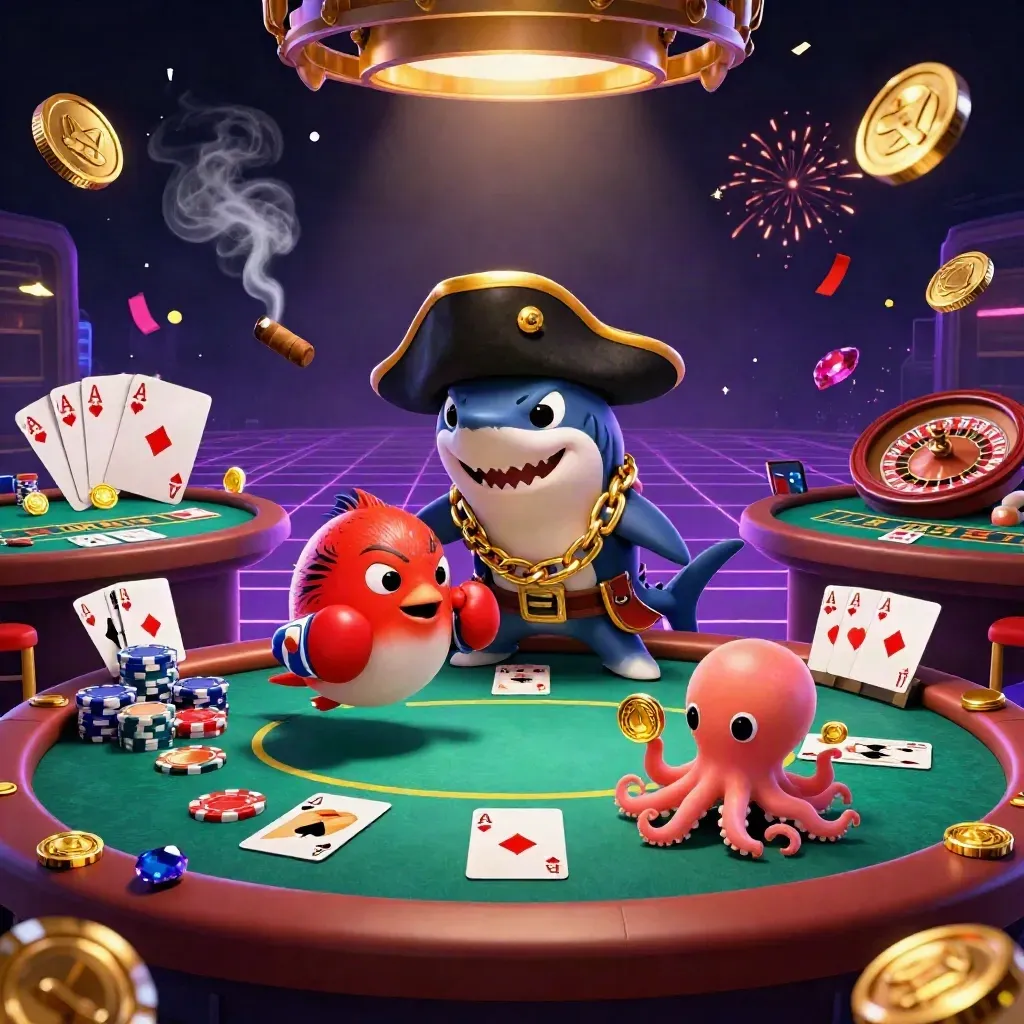 Pirate shark, boxing pufferfish, and coin-juggling octopus in a neon casino storm